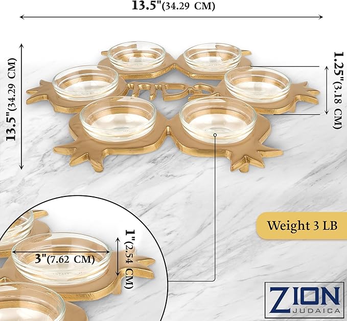 Zion Judaica Artistic Passover Seder Plate Pomegranate Shape Seder Tray Shiny Aluminum with 6 Glass Liners/Dishes Marked with the Names of Symbolic Pesach Foods Passover Plate Decor (Gold)