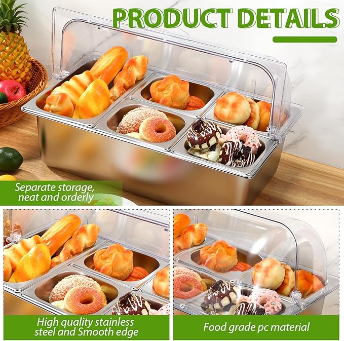 Countertop Food Serving Display Container and Clear Roll Top Cover Stainless Steel Food Serving Tray Buffet Condiment Dispenser Display Rack for Restaurant Hotel Kitchen Party (5 Pan)