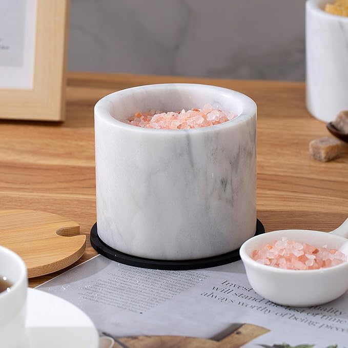 Marble Sugar Bowl with Lid & Spoon, Sugar Container 11oz,Sugar Dispenser Handcrafted from Natural Marble, Smooth Inside (light white grey)