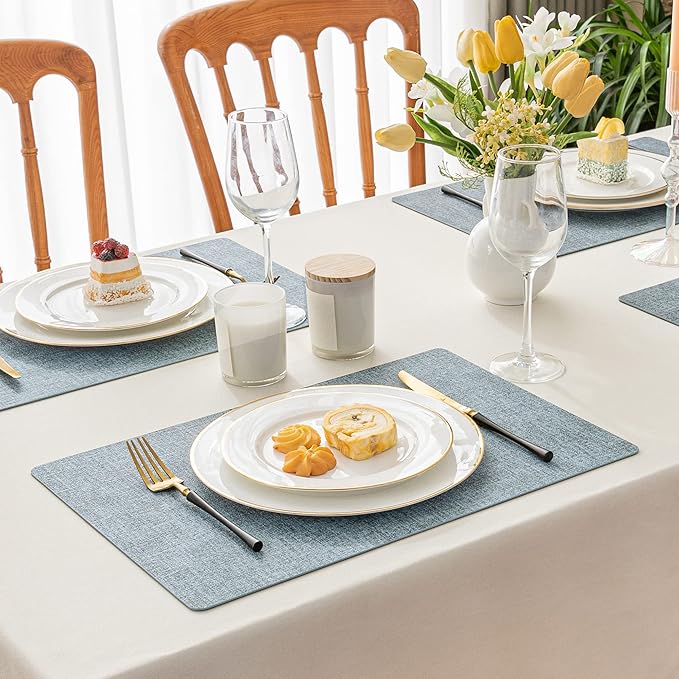 Romanstile Vinyl Placemats Set of 12-12 X 17 Inch - Faux Leather 100% Waterproof Oil-Proof Wipeable Place Mats, Heat Resistant Reversible PU Table Mats for Kitchen Dining Party Outdoor, Sky Blue