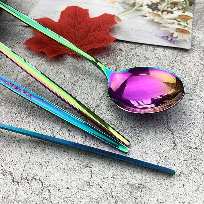 JASHII Silverware Set, Mirror Polished Rainbow Flatware Cutlery Set Service for 4, Shiny Finish 24 Pieces Stainless Steel Utensils Set Dinner Knife Fork Spoon Dessert Fork Salad Spoon Dishwasher Safe