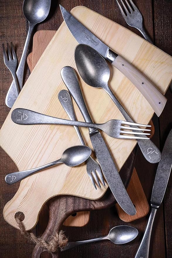 Mepra Vintage Stainless Steel Cutlery Set for 1, 5 Pieces, Spoons, Forks and Knives, Pewter