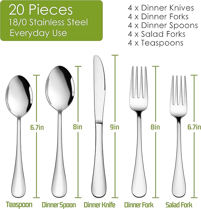 HaWare 20-Piece Silverware Set Service for 4, Stainless Steel Flatware Cutlery Set, Food-Grade Tableware Eating Utensil Set for Home Kitchen, Include Fork Knife Spoon, Mirror Polished, Dishwasher Safe