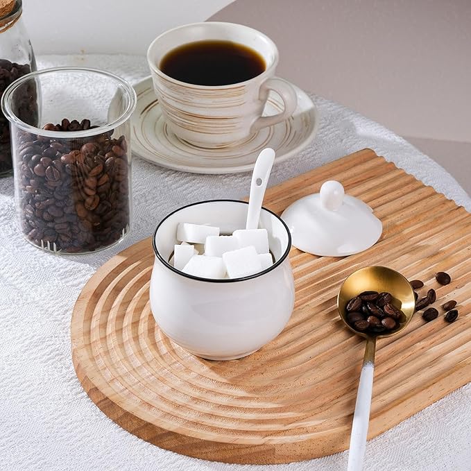 7oz Farmhouse White Ceramic Sugar Bowl with Lid and Spoon Salt Container Jar for Coffee Table Porcelain Condiment Pot for Seasoning with Black Rim
