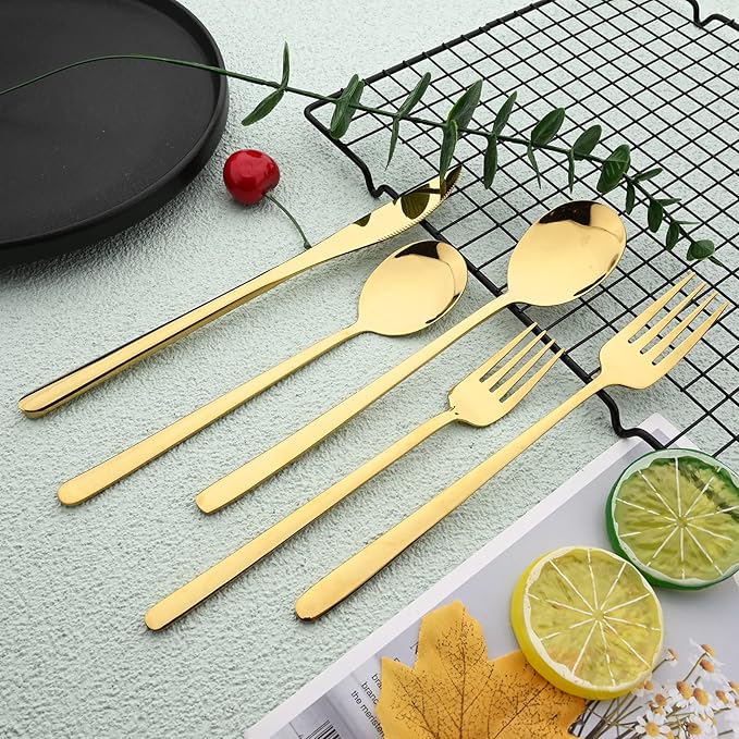 Knives and Forks Set Flatware Set Korean Silverware SUS304 Stainless Steel Kitchen Dinnerware Portable Utensils for Home, Camping Restaurant Christmas Gift - Shiny Gold
