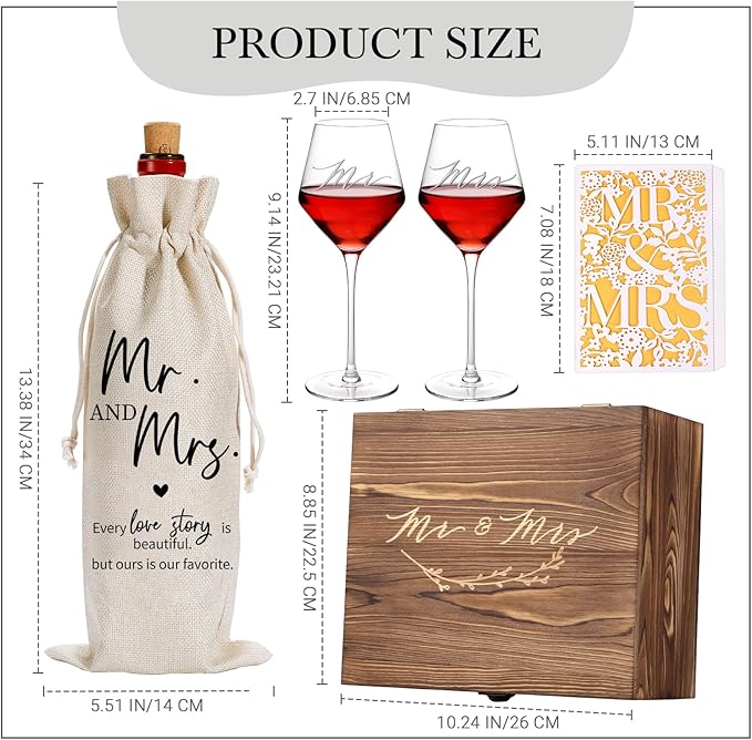 2025 Mr & Mrs Wine Glasses Gift Set with Memory Box,Wine Bag, Greeting Card – Engagement, Wedding & Newlywed Gifts for Couples, Just Engaged Gifts for Women, Christmas Couple Present