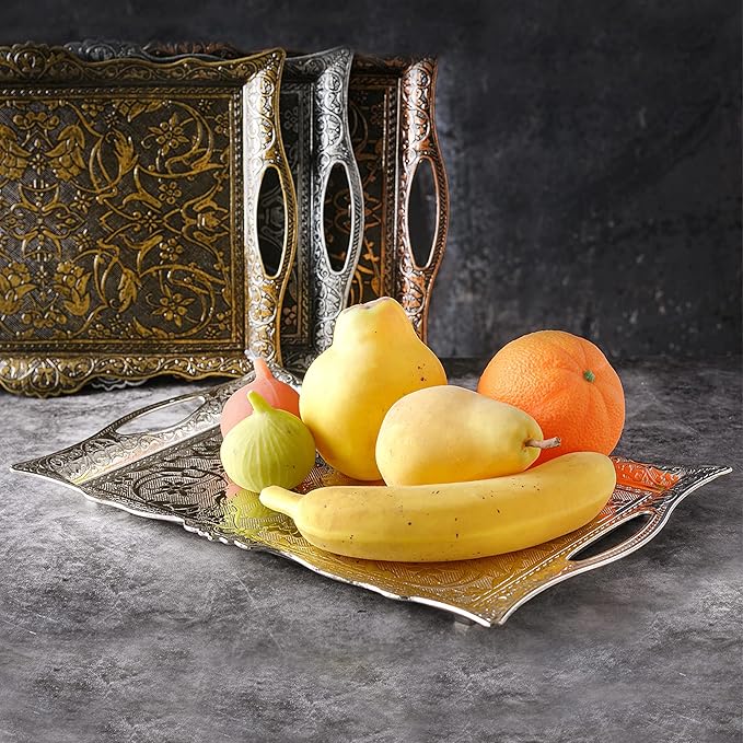 Crystalia Fancy Ottoman Serving Trays, Elegance Metal Turkish Trays for Beverage Serving, Vintage Ottoman Rectangular Tray with Handles, Decorative Turkish Tea Coffee, Dessert Table