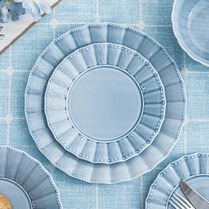 HOMBENE Dinnerware sets, 16 Piece plates and bowls sets for 4, Ceramic dish set, Porcelain dish set, Farmhouse premium kitchen decor, Microwavable safe, Celestial Blue