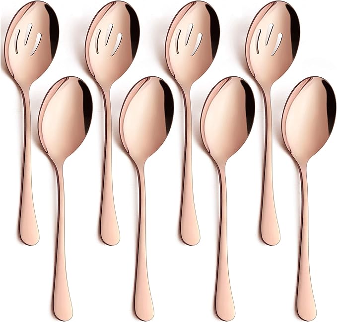LIANYU 8-Piece Large Copper Serving Spoons, Copper Slotted Serving Spoons, 9.8Inch Stainless Steel Serving Utensils for Party Buffet Restaurant Banquet Dinner Catering, Dishwasher Safe