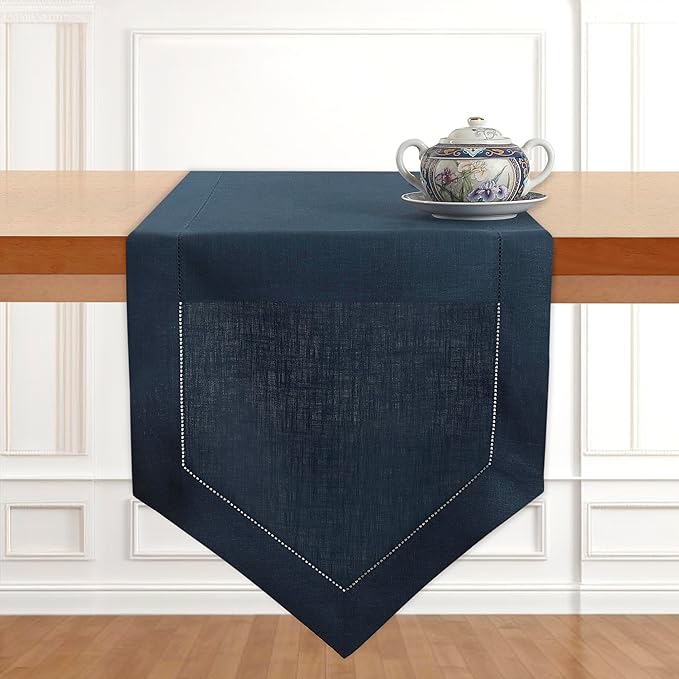 D'Moksha Homes Navy Blue Linen Table Runner 48 Inches Long - 100% Pure Linen Diamond Table Runner 14 x 48 Inch for Dining, Winter, Christmas, Holiday, New Year - Machine Washable