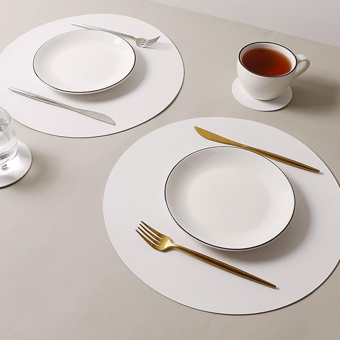 Wipeable Placemats and Coasters Leather Table Mats Waterproof Heat-Resistant Easy to Clean for Dining Table Set Kitchen Table Set of 4, White