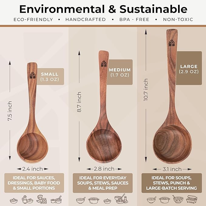 Wooden Ladle for Soup, 3 Size Teak Wood Ladle Spoon with Back Hooks for Pot & Bowl, Non-Stick Wooden Spoon Set for Cooking, Serving and Stirring