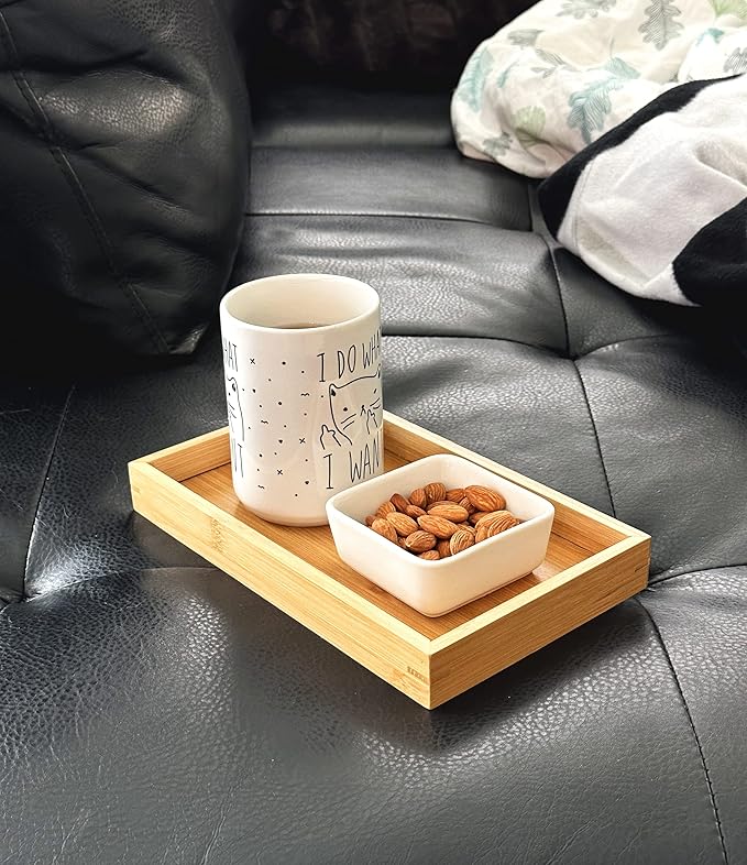 Bam & Boo Natural Bamboo Serving Tray Modern Rectangular (Bamboo, 9.8” x 5.9" x 1.2") for Food, Drinks, Decor, Vanity in Home, Kitchen, Bathroom, Coffee Table, Bed