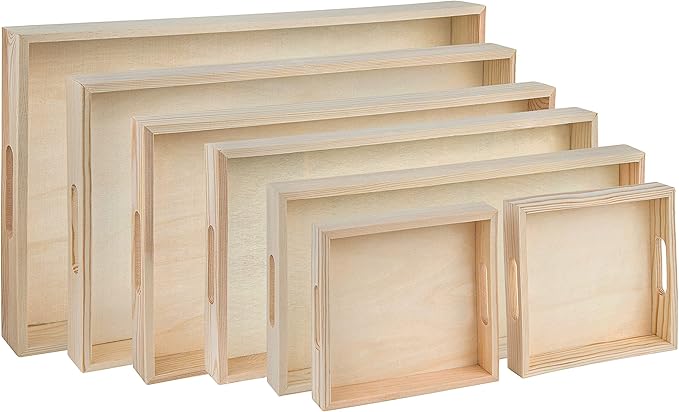 Wooden Serving Trays with Handles - 7 Piece Nested Breakfast Set - Perfect for Organizing, Bathroom, Party Buffet & Serving