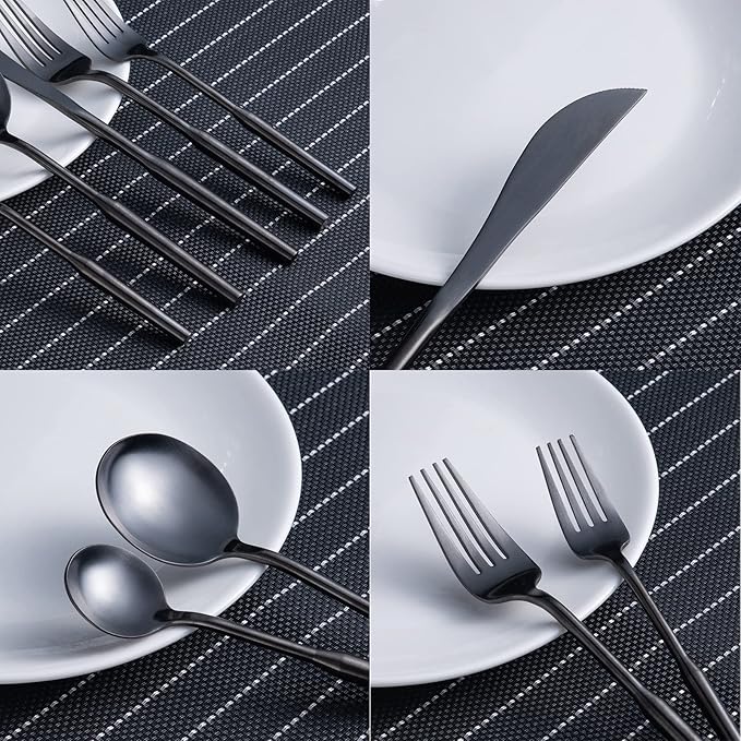 Matte Silverware Eating Utensils Set, 20-Piece Stainless Steel Flatware Set, Kitchen Utensil Set Service for 4, Durable Home Kitchen Silverware,Luxury Cutlery Set. (Black, 20)