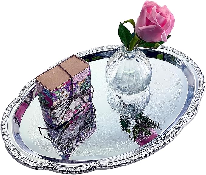 (Pack of 4) 14.7" x 10.6" Oval Shape Chrome Plated Serving Tray Plate Food Art Deco Floral Pattern Engraved Multi-Purpose Holiday Party Buffet Wedding Birthday (Large) T125L-4PK