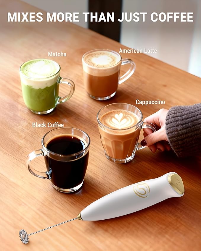 Milk Frother With Stand Handheld Frother Wand Drink Mixer Handheld Coffee Stirrers Electric Frother for Coffee Mixer Wand with 2 Whisk frother for protein powder-White/Gold