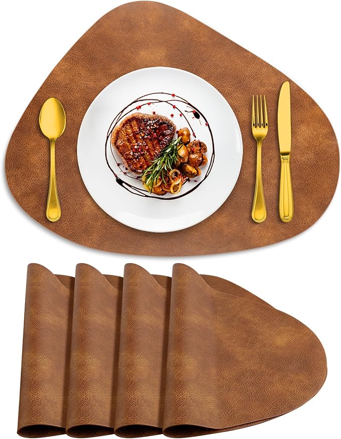ADRIMER Placemats, Heat Resistant Round Placemats Set of 4 Washable 13 x 17 Inch, Waterproof Table Mats Wipeable for Kitchen, Dining Room Table Christmas Decor, Turmeric Brown