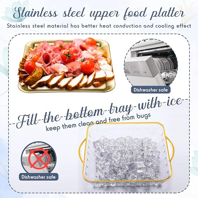 Baderke 9" Chilled Serving Tray for Christmas Parties Ice Chilled Party Platter Charcuterie Serving Board Cold Dish Dip with Forks Tongs for Fruit Seafood Vegetable Appetizer(Gold,4 Set)