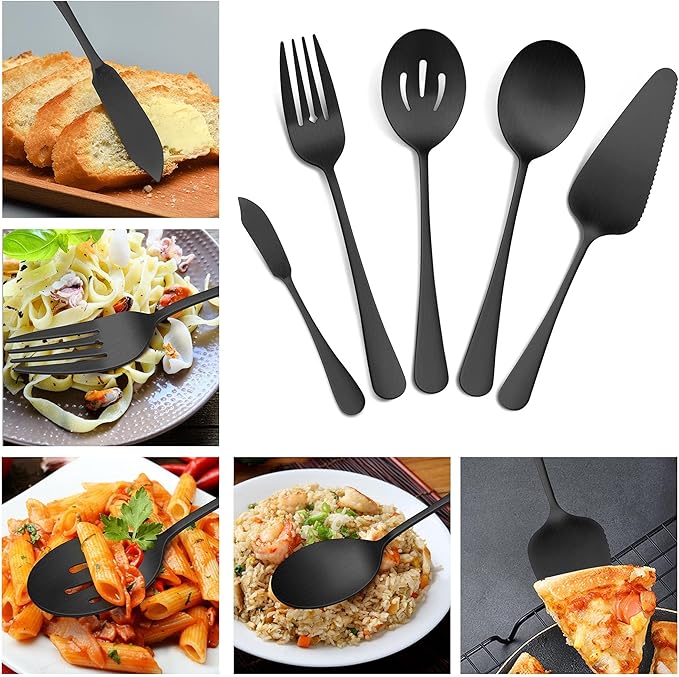 Vesteel 45 Pieces Black Silverware Set with Serving Utensils, Stainless Steel Modern Flatware Cutlery Set for 8, Eating Utensils Tableware Include Forks Knives Spoons, Mirror Polished