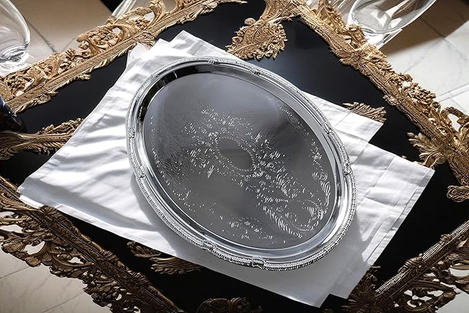 (Pack of 4) 14.7" x 10.6" Oval Shape Chrome Plated Serving Tray Plate Food Art Deco Floral Pattern Engraved Multi-Purpose Holiday Party Buffet Wedding Birthday (Large) T125L-4PK