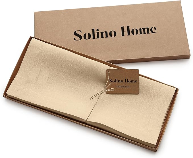 Solino Home Linen Beige Table Runner 90 Inches Long - 100% Pure Linen 14 x 90 Inch Table Runner for Christmas, New Year - Fete