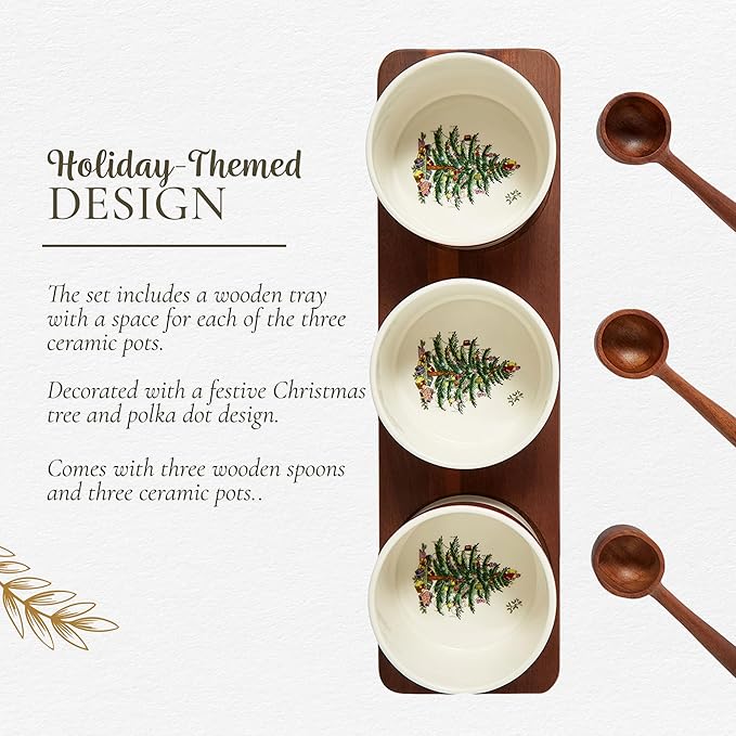 Spode Christmas Tree Condiment Set - 7 Piece Holiday Serveware Set - Ceramic Dip Bowls, Spoons, Serving Tray Included - Appetizers, Sauces, and Snacks - Polka Dot, Festive Entertaining