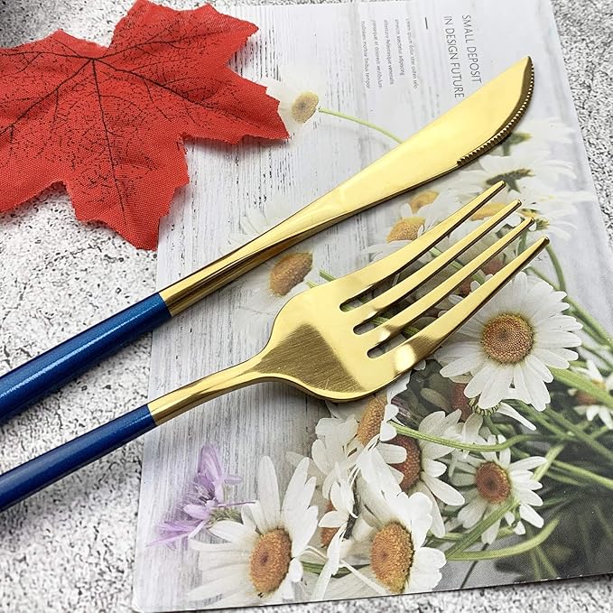 JASHII 18/10 Silver Silverware Set Stainless Steel Flatware Utensils Set Gold Cutlery Set| 24-Piece Modern Cubiertos Dorados| BEST Birthday Wedding Gift (4 sets, Blue Handle Gold Mirror Polish)
