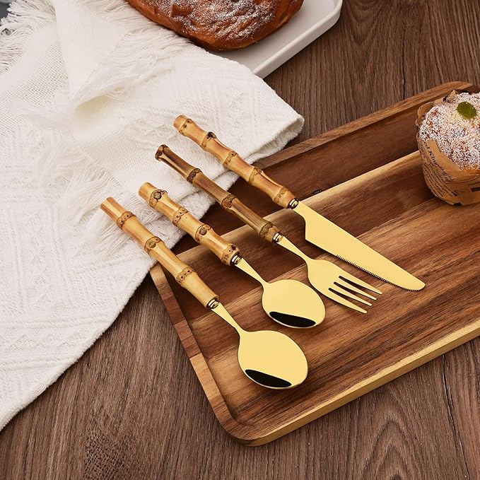 Stainless Steel Flatware Set, Bamboo Handle Silverware Set, Reusable Eating Utensils for Home Kitchen and Restaurant, Modern Gold Cutlery Set, 8 Pieces Dinner Forks