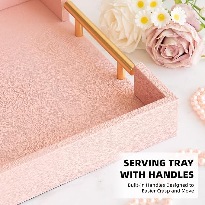 Modern Elegant Pink Faux Shagreen Leather Tray, Set of 2 Rectangle Serving Trays with Gold Polished Metal Handles, Ottoman Tray Coffee Table Perfume Kitchen Trays Home Decor