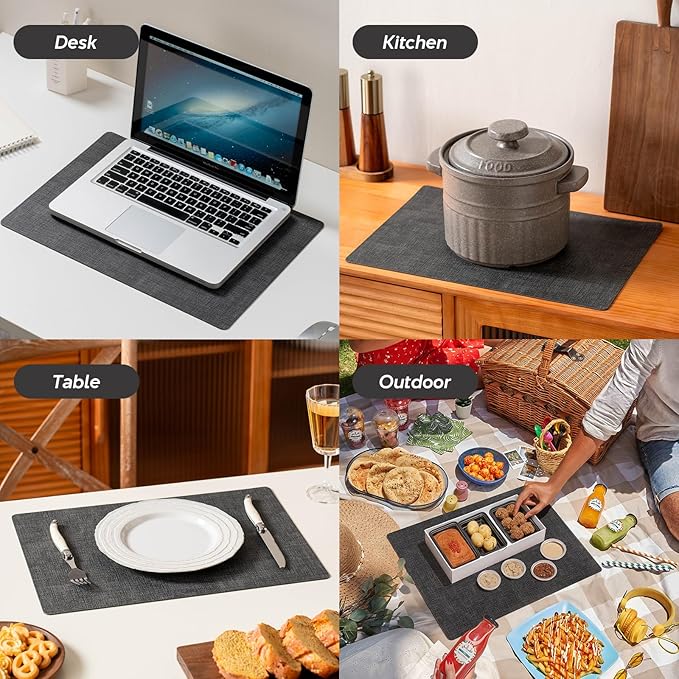 Vinyl Placemats Set of 4 - Faux Leather 100% Waterproof Oil-Proof Wipeable PU Place Mats, Heat Resistant Reversible Table Mats for Kitchen, Dining, Outdoor (Black)