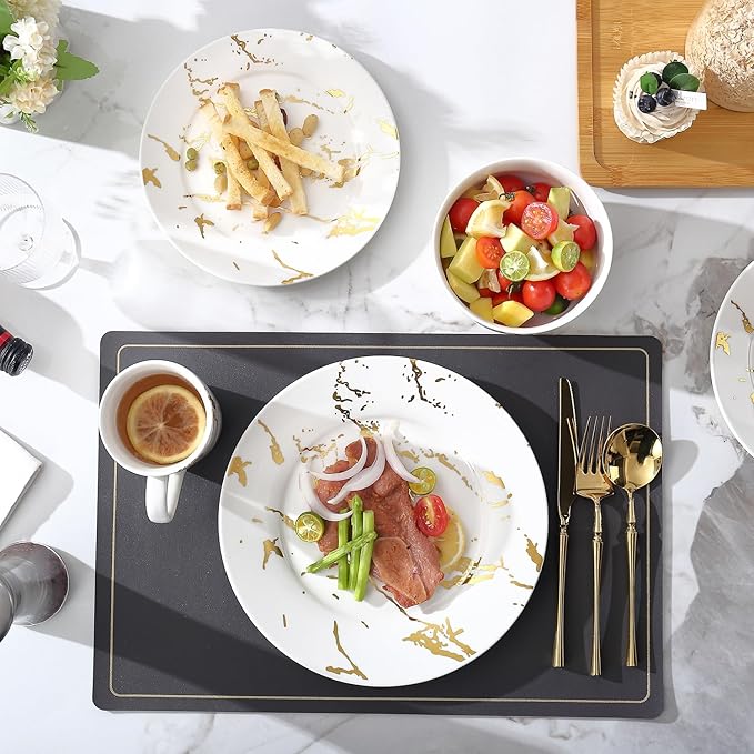 Modern Porcelain 16 Piece White Dinnerware Set,Plates and Bowls Sets,Gold Dish Set for 4,White Dinnerware Set,Dinner Sets with Dinner Plates.
