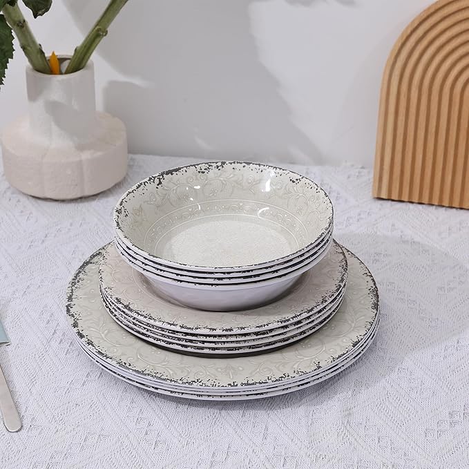 Melamine Dinnerware Set for 4, 12-Piece Rusty Gray – BPA-Free, Dishwasher-Safe Plates & Bowls for Indoor Outdoor Dining, Portable and Reusable