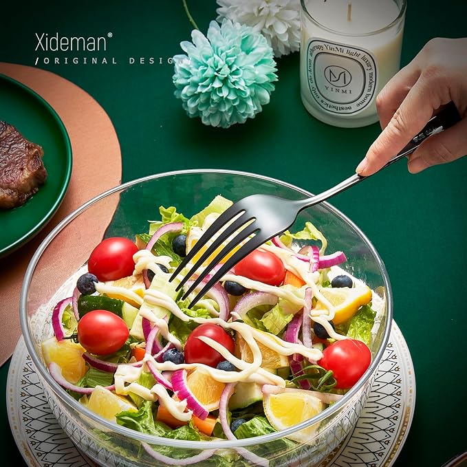 Xideman® 7-Piece Hammered 18/10 Stainless Steel Silverware Serving Utensil Set - Hostess Flatware with Cake Knife & Cake Server (Black)