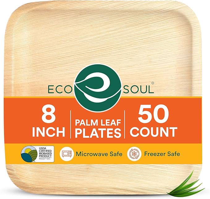 ECO SOUL Palm Leaf Plates 8"(50 Count) Square Compostable Bamboo Plates Heavy- Duty, Biodegradable Eco-Friendly Dinnerware for Christmas Party Dinner, Wedding, Holiday & Event