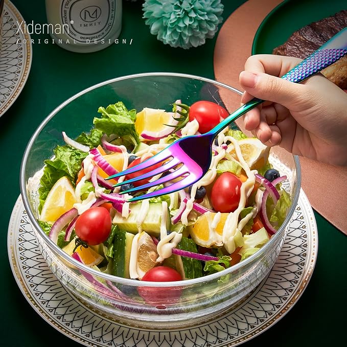 Xideman® 7-Piece Premium Hammered 18/10 Stainless Steel Silverware Serving Utensil Set - Iridescent Hostess Serveware Set with Cake Knife & Cake Server for Parties, Catering, Kitchen, Buffet (Rainbow)