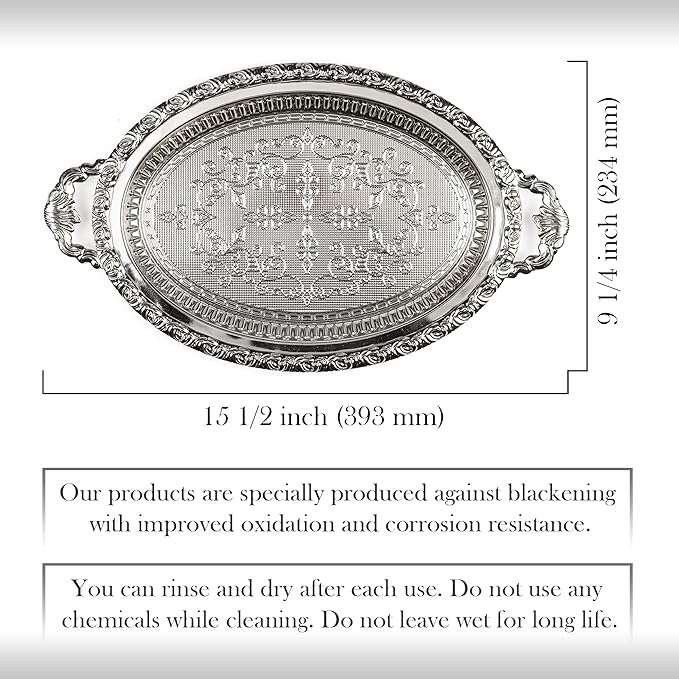 Crystalia Silver Metal Ottoman Coffee Tea Beverage Serving Tray, Large Fancy Decorative Ellipse Design, Vintage Cocktail Tray, Elegance Oval Serving Trays for Ottomans