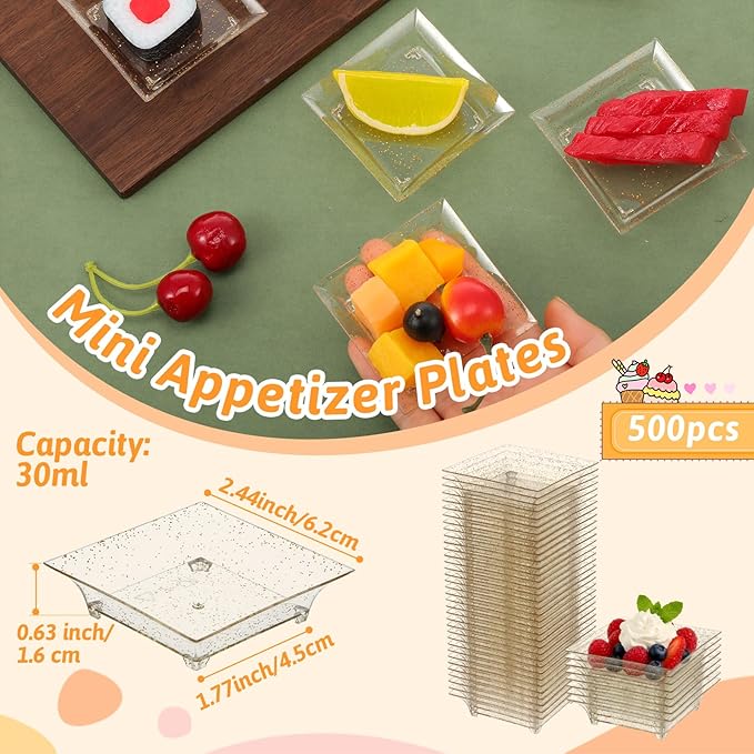 500 Pcs Mini Appetizer Plates Bulk 1 oz 2.4 Inch Square Plastic Dessert Plates Disposable Appetizer Tray for Wedding Shower Valentine's Salad Cake Afternoon Tea Birthday Party (Gold)