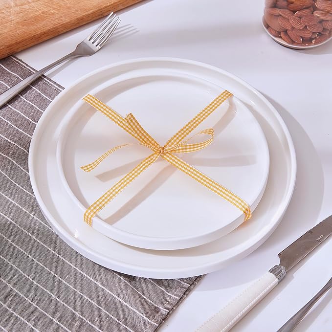 AntoKueh White Porcelain Flat Dessert Plates Set of 6, 8.2 Inch Ceramic Dishes with High Edge for Kitchen, Appetizer, salad, Dishwasher/Microwave safe