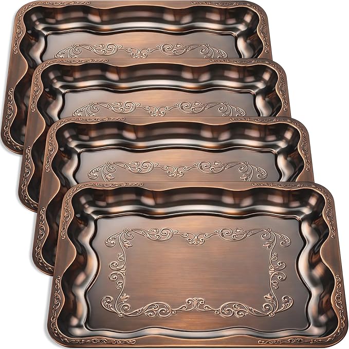 4 Pack Bronze Serving Trays Set for Party, Butterfly Floral Bronze Platter Engraved Mirror Tray, 15.8 x 11.6 Inches Elegant Metal Plate for Christmas Food Appetizer Cookies Desserts