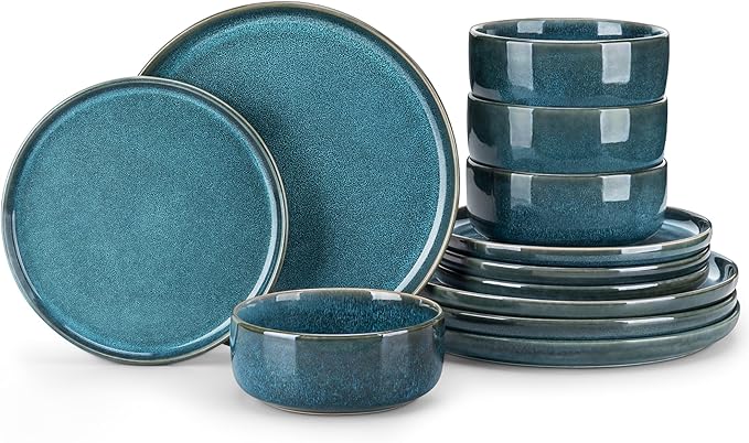 vancasso VEGA Plates and Bowls Sets, 12 Pieces Stoneware Dinnerware Sets Dishes Set Modern kitchen Dishware Sets Service for 4, Dishwasher and Microwave Safe, Blue