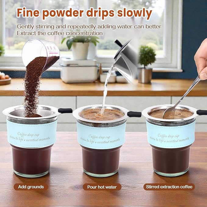 NANSPATH380ml Single-Serve Pour Over Coffee Maker, Thick Glass Drip Cup with Reusable 600-Mesh Stainless Steel Filter, Portable Coffee Brewer with Lid, Straw & Stirring Spoon (Transparent color)