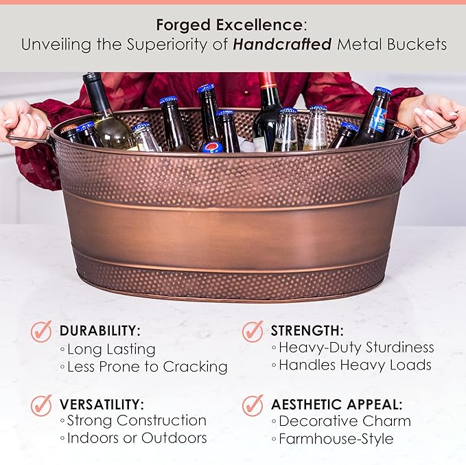 BREKX Aspen Galvanized Tub, Copper Finish Metal Ice and Drink Cooler for Parties, Sealed Leak Resistant Party Cooler, Easy to Clean, Handcrafted, Large Oval 25-Quart (6 Gallon), 30 Bottle Bucket