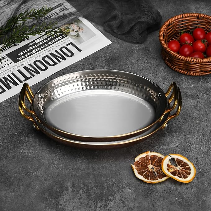 DEADALUS Stainless Steel Oval Serving Tray with Double Handles And Platter Pack of 2, Tri-Ply Serving Dishes for Food Party, Entertaining, Appetizer,Charcuterie & Movie Night Snack 5.5 & 6 Inch