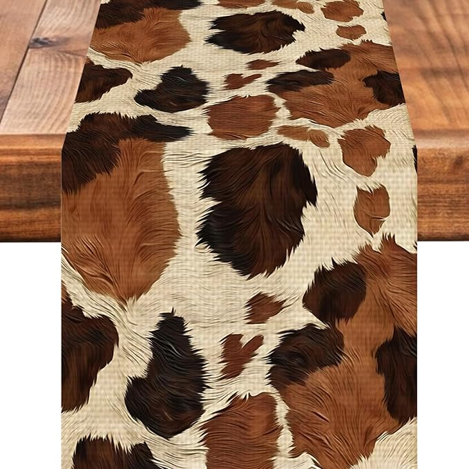 Cow Pattern Brown Table Runner Farmhouse Kitchen Dining Linen Table Decoration for Indoor Outdoor Home Party Decor 13 x 72 Inch