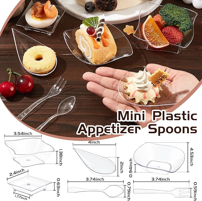 Tessco 400 Pcs Mini Dessert Plates Set, Including 200 Disposable Appetizer Plates Assorted Shape 100 Mini Plastic Forks 100 Plastic Spoons for Party Birthday(Clear)