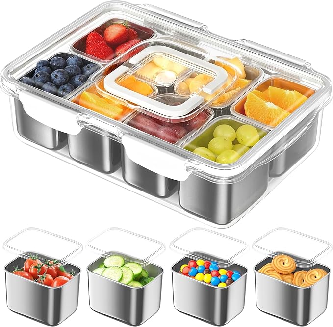 Snackle Box Container, 304 Stainless Steel Divided Serving Tray with Lid and Handle, Portable 8 Compartments Veggie Tray for Fruits,Veggies,Nuts &Candy, Dishwasher Safe for Travel,Picnic,Beach&Parties