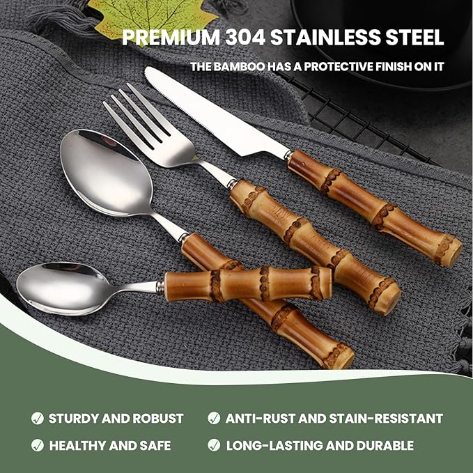 bamboo handle flatware sets for 12, 60 Piece Natural bamboo handle cutlery sets, silverware sets, dinnerware tableware set, Mirror Finished (60-Piece for 12)