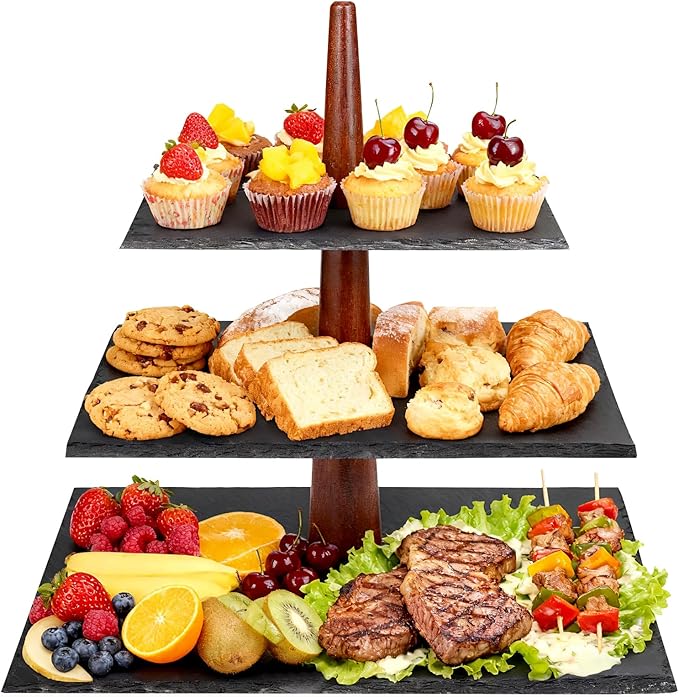 3 Tier Serving Tray Stand, Square Slate & Acacia Wood Tiered Display for Desserts, Appetizers, Cupcakes - Rustic Modern for Weddings, Parties, Christmas