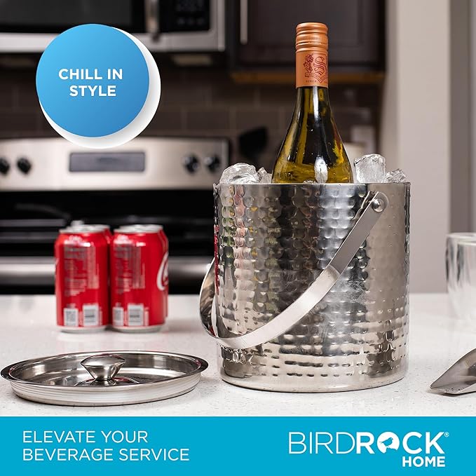 BIRDROCK HOME Ice Bucket with Scoop & Lid - 2.8 Liter Hammered 18/8 Stainless Steel Double Wall Insulated Container with Carrying Handle - Ideal for Parties, Cocktails, and Beverages - Silver